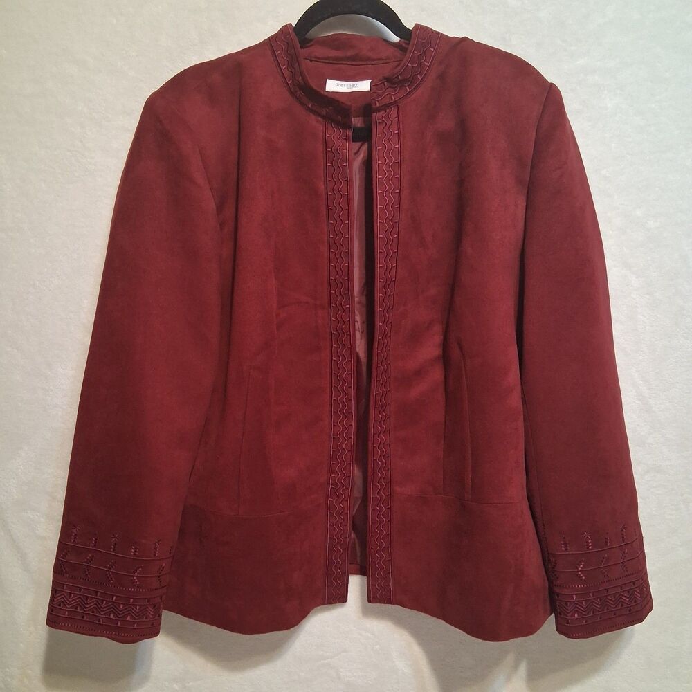 Dressbarn 14/16 Jacket Burgundy Faux Suede Open Front Embroidered Boho Office